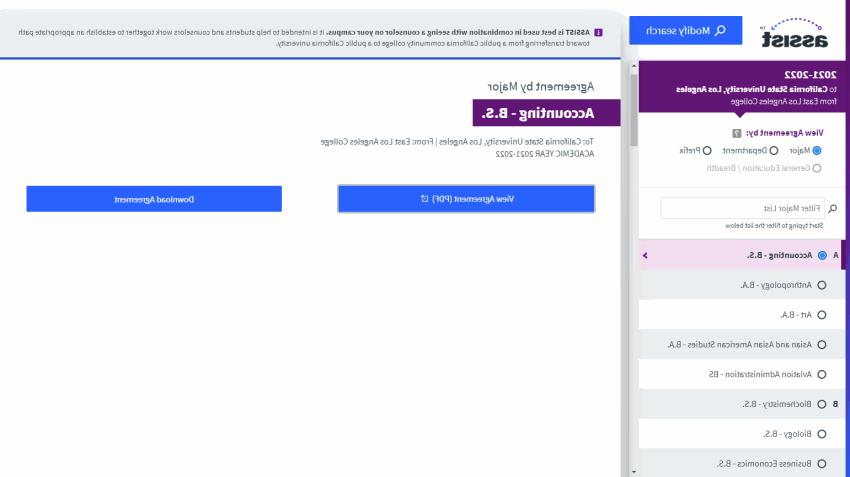 Viewing matching courses report based on major on Assist dot org