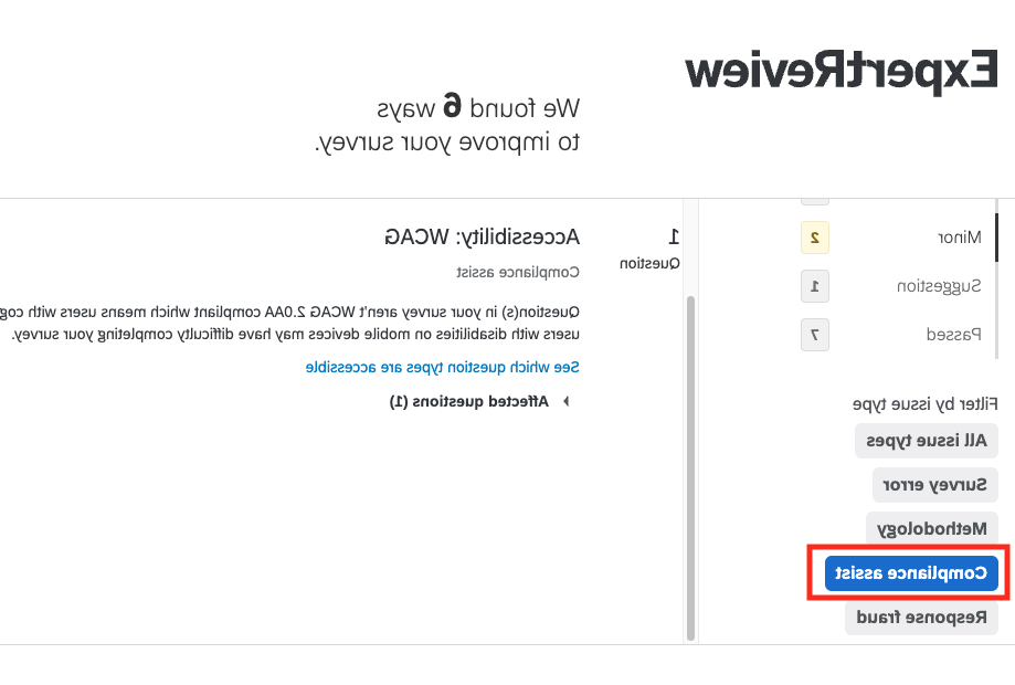 Qualtrics ExpertReview results filtered by "Compliance assist" type.